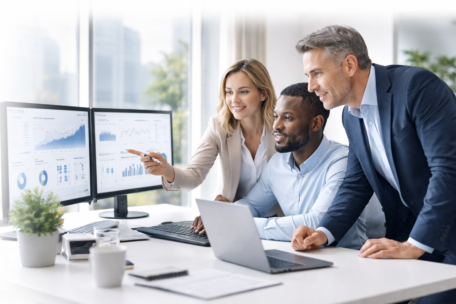 Business professionals collaborating and reviewing data on screens